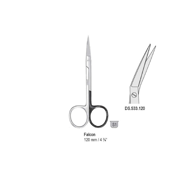 Scissors Falcon angled 120mm, one blade serrated 