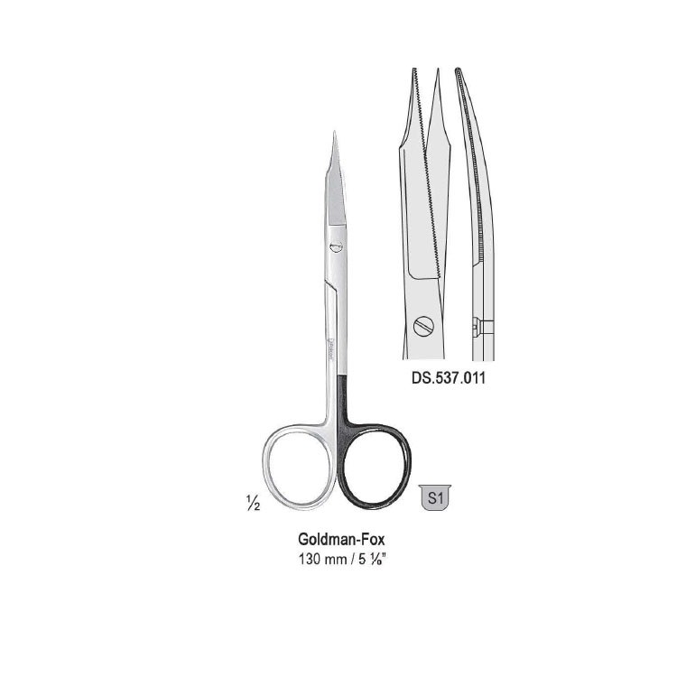 Scissors Goldman-Fox cur. 130mm, one blade serrated 