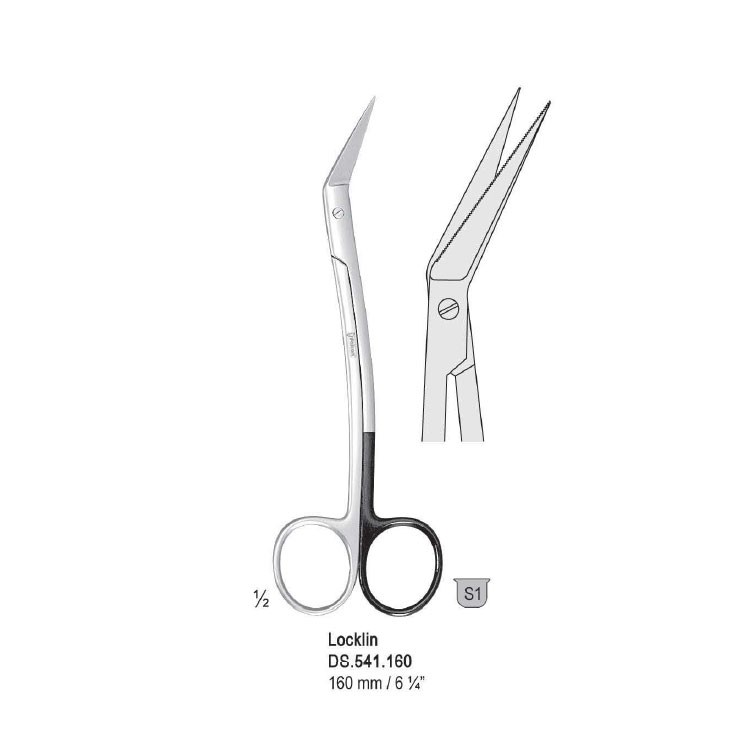 Scissors Locklin curved handles 160mm, one blade serrated 