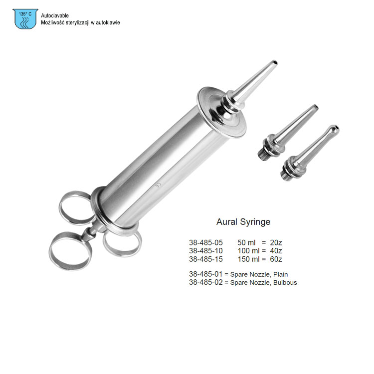 Syringe ear complete with 2 nozzles 50ml, Brass CP