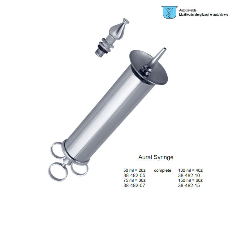 Syringe ear with shield, complete with 2 nozzles 150ml, Brass CP