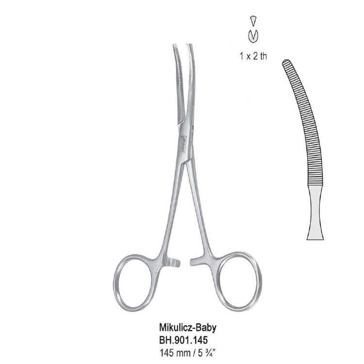 Forceps peritoneum Mikulicz-Baby 1x2th curved 145mm