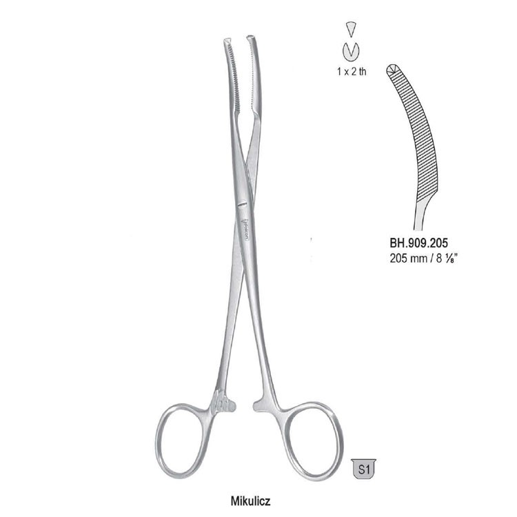 Forceps peritoneum Mikulicz 1x2th curved 205mm
