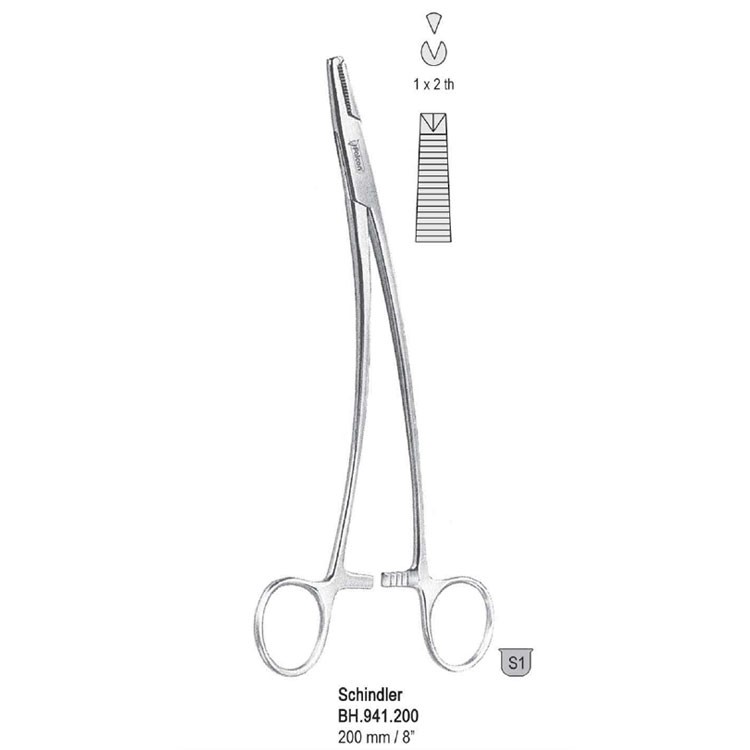 Forceps peritoneum Schindler 1x2th side curved 200mm