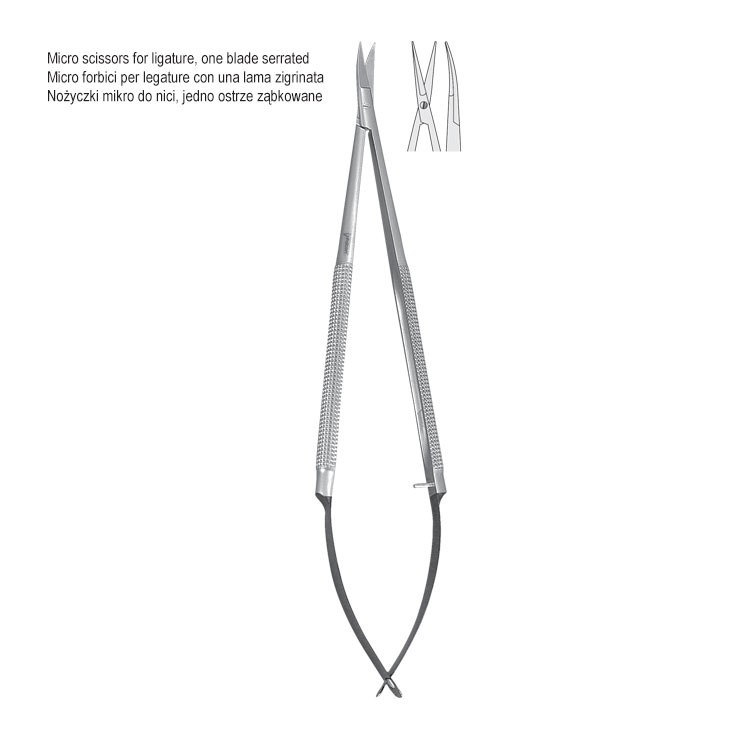 Micro scissors round handle curved serrated 180mm