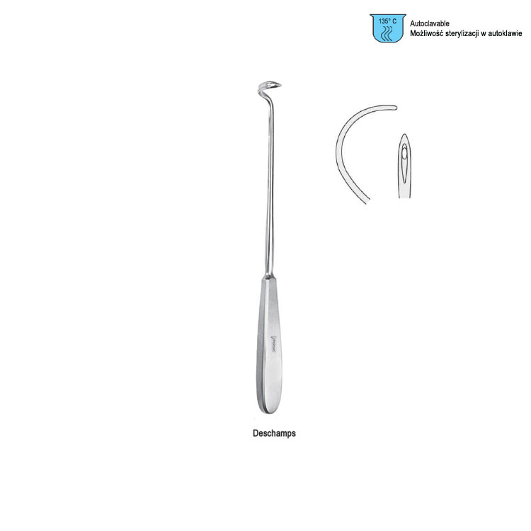 Needle ligature Deschamps sharp curved to left 200mm