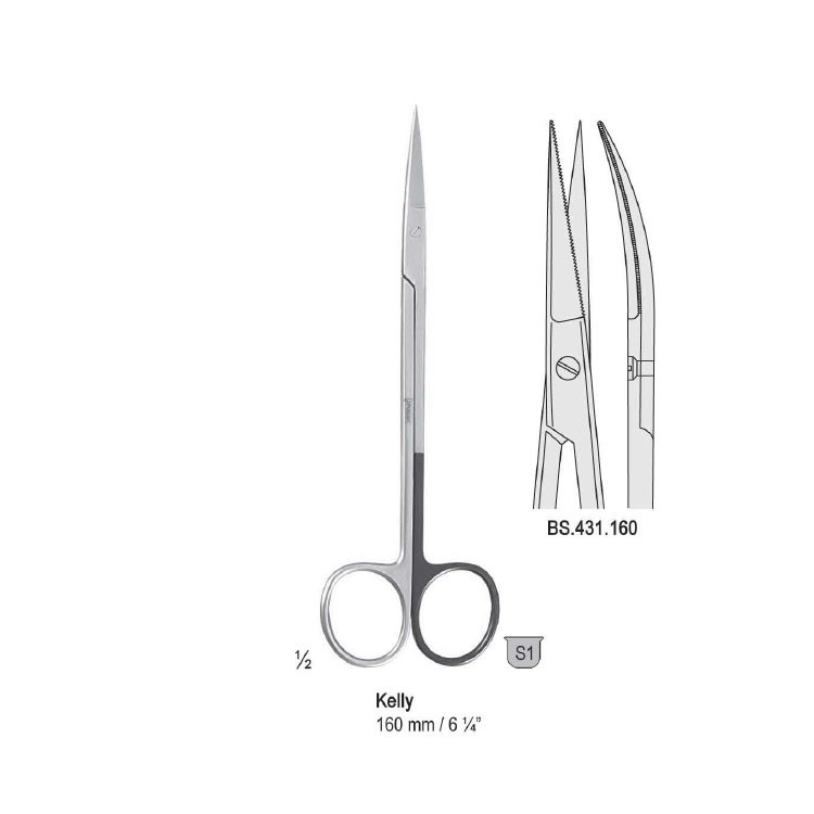 Scissors Kelly cur. 160mm one blade serrated