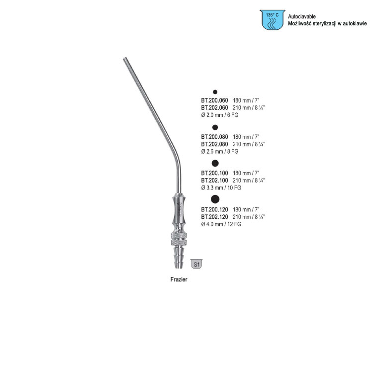 Tube suction Frazier ø 2.6mm (8 FG), 180mm