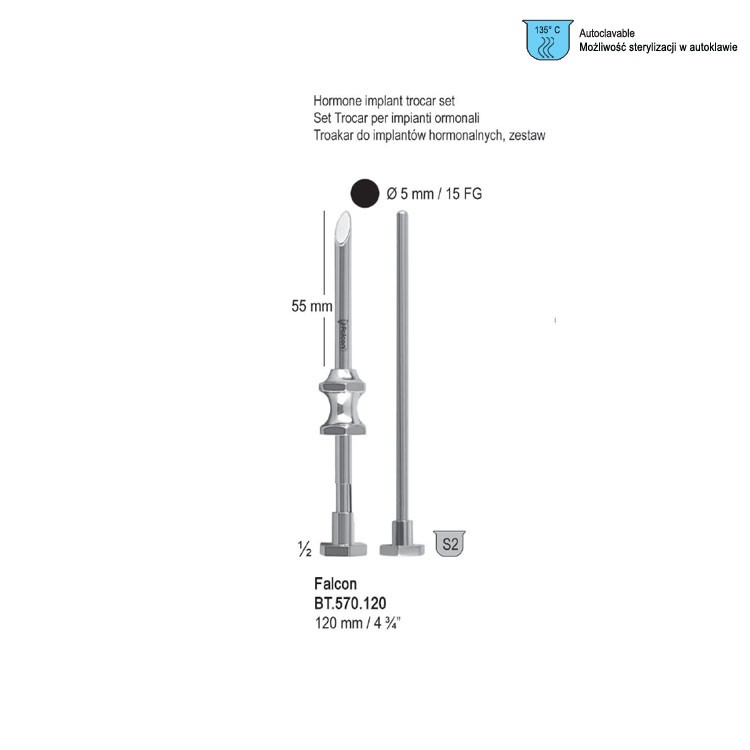Trocar hormone implant Falcon ø 5.0mm / 15 FG, 120mm