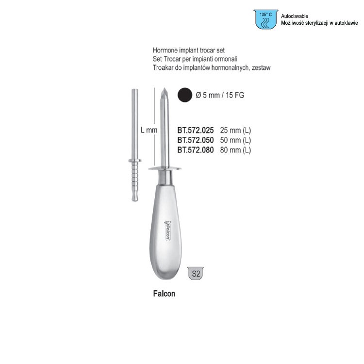 Trocar hormone implant Falcon ø 5.0mm / 15 FG, 25mm