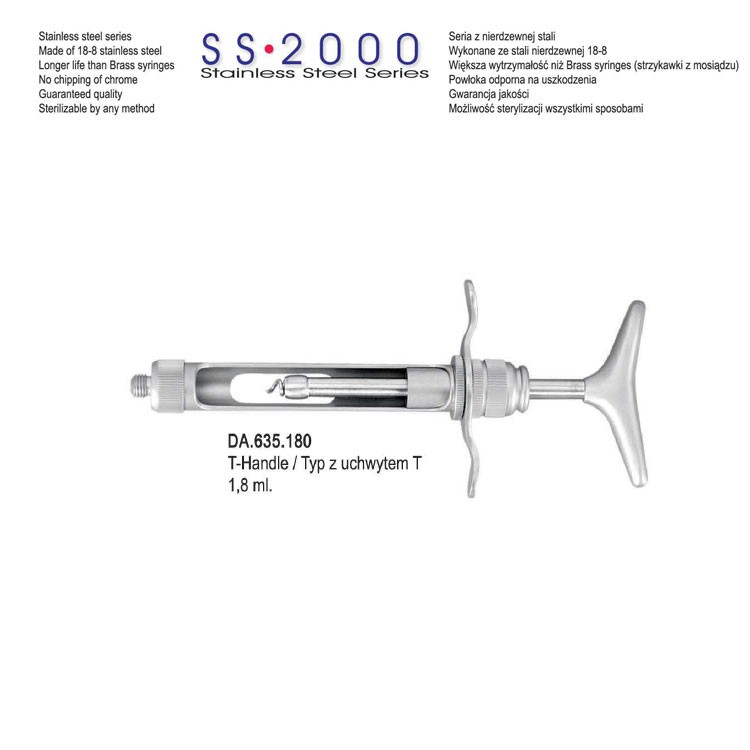 SS-2000 Syringe manual aspirating T-handle 1.8ml. Metric 