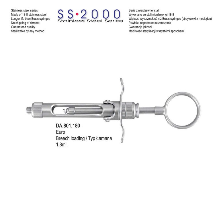 SS-2000 Syringe manual aspirating breech loading with ring handle 1.8ml. Metric  
