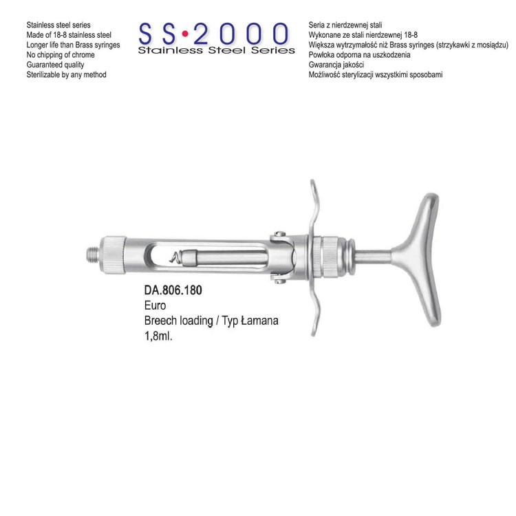 SS-2000 Syringe manual aspirating breech loading with T-handle 1.8ml. Metric  