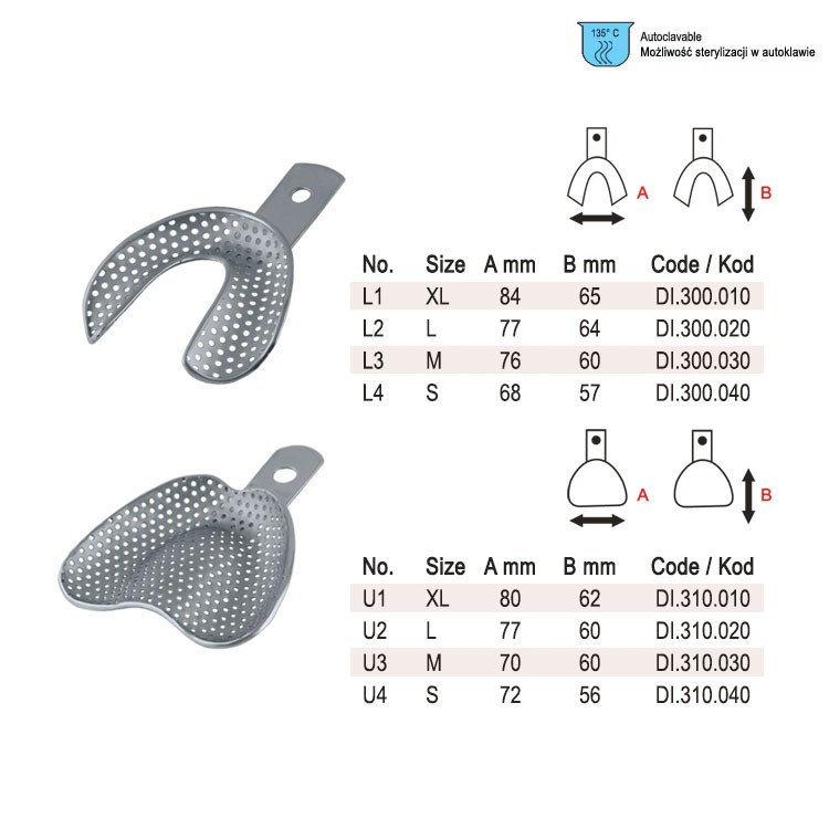 Impression trays edentulous perforated set of 8