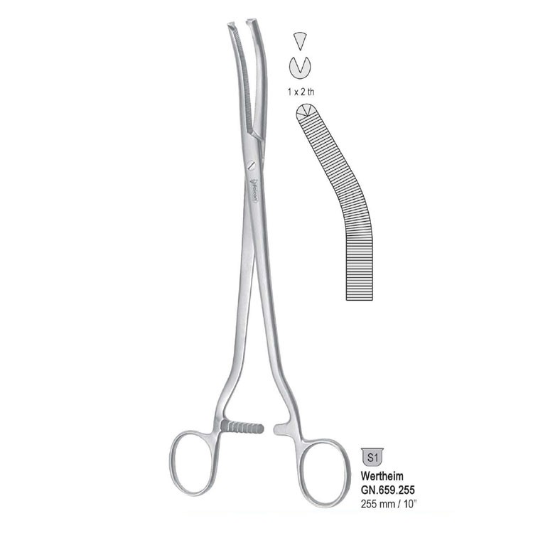 Forceps hysterectomy Wertheim 1x2th curved 255mm