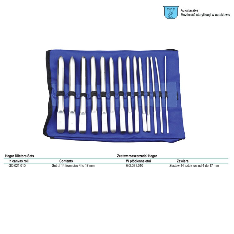 Dilator uterine SE Hegar set of 14 (4-17mm) in canvas roll