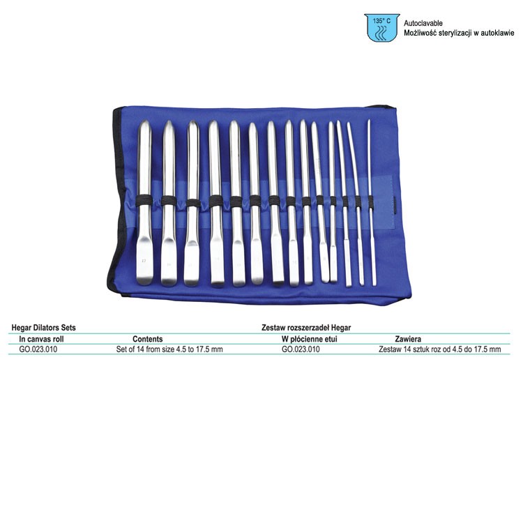 Dilator uterine SE Hegar set of 14 (4.5-17.5mm) in canvas roll