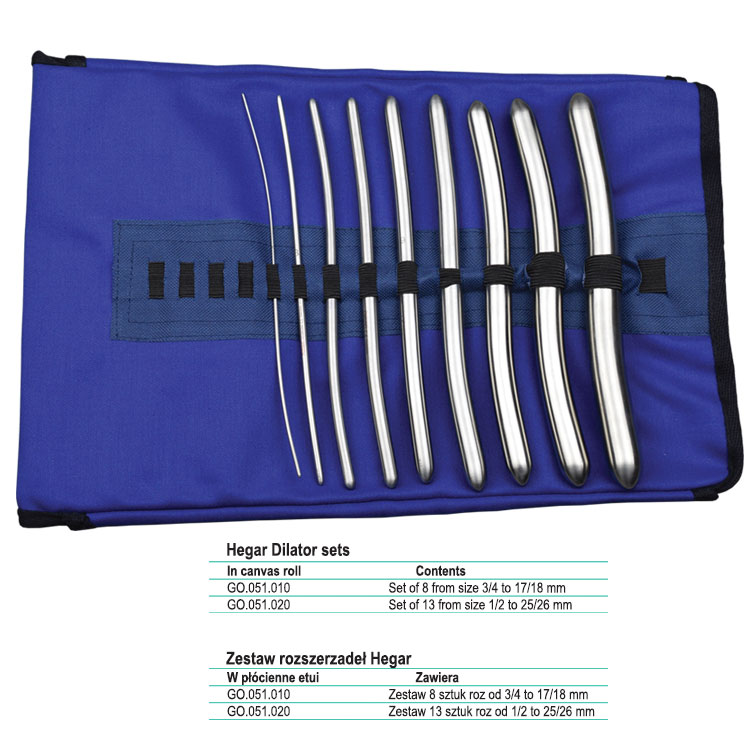 Dilator uterine DE Hegar set of 8 (3/4-17/18) in canvas roll