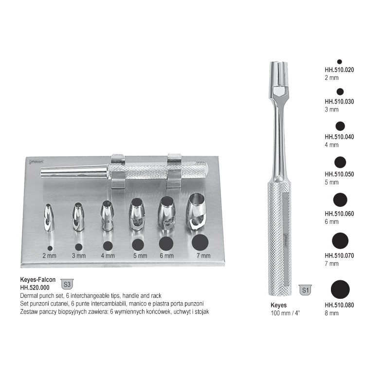 Dermal punch set, 6 interchangeable tips, handle and rack