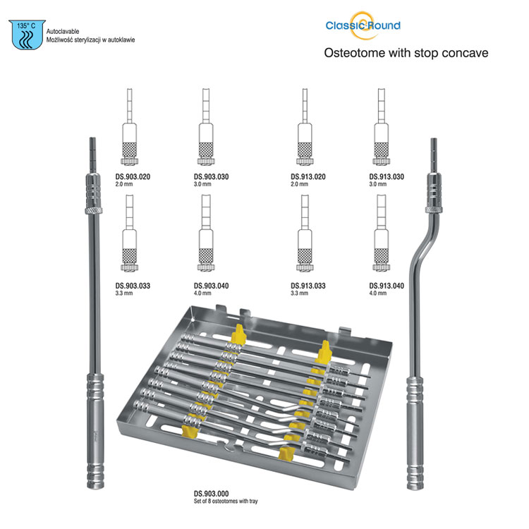 Classic-Round Osteotome with stop concave set of 8