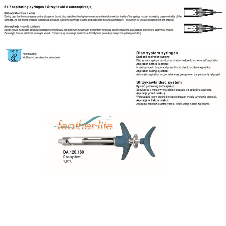 Feather-Lite Syringe self aspirating Disc-System 1.8ml. Metric