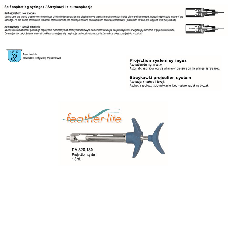 Feather-Lite Syringe self aspirating Projection-System 1.8ml. Metric