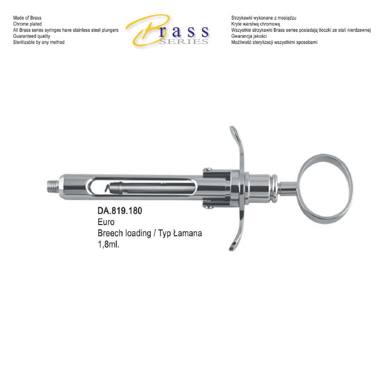 Brass Series Syringe manual aspirating breech loading with ring handle 1.8ml. Metric  