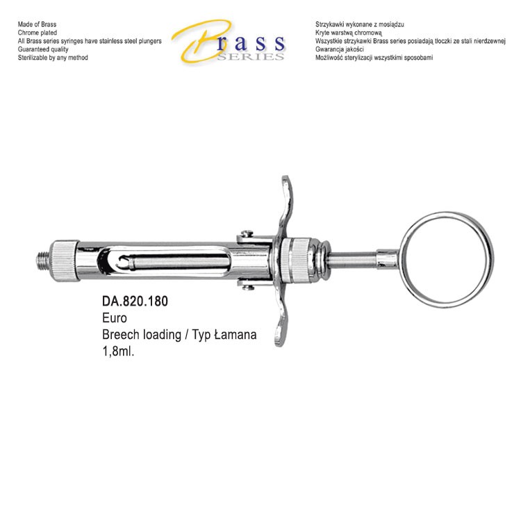 Brass Series Syringe manual aspirating breech loading with ring handle 1.8ml. Metric  