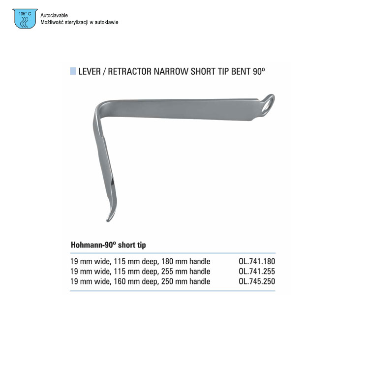 Lever / Retractor Hohmann-90º angled short tip 19x180mm handle