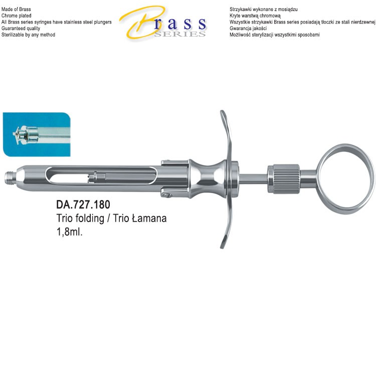 Brass=Series Syringe manual aspirating Trio folding 1.8ml. Metric 