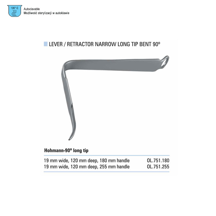 Lever / Retractor Hohmann-90º angled long tip 19x180mm handle