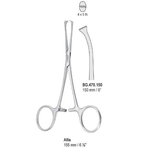 [BG.479.150] Forceps tissue Allis 4x5th curved 150mm