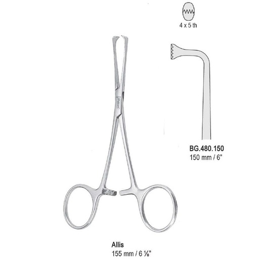 [BG.480.150] Forceps tissue Allis 4x5th angled 150mm