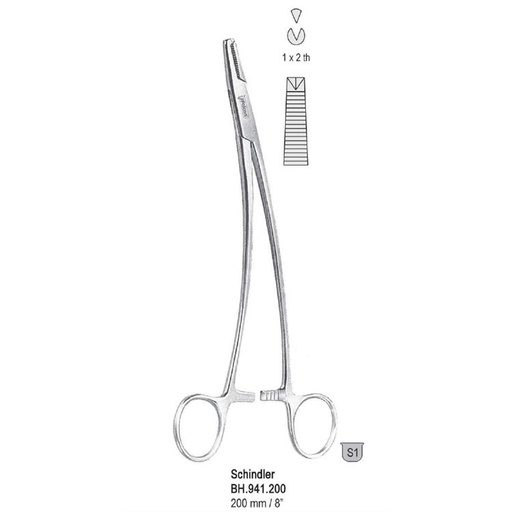 [BH.941.200] Forceps peritoneum Schindler 1x2th side curved 200mm