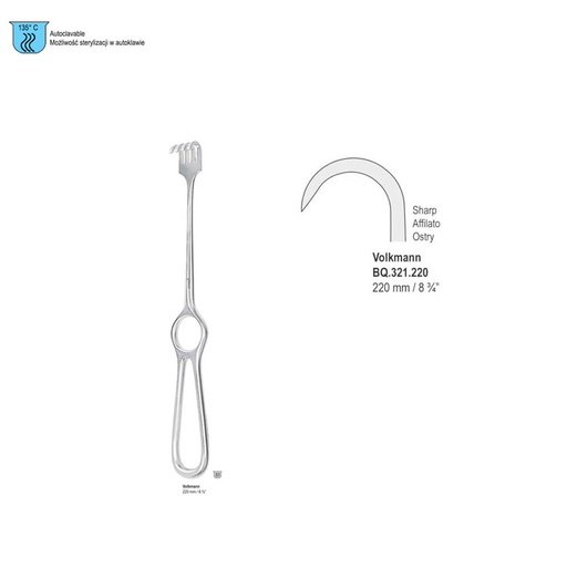[BQ.321.220] Retractor Volkmann 1-prong sharp 220mm
