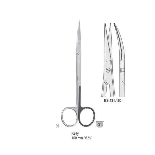 [BS.431.160] Scissors Kelly cur. 160mm one blade serrated
