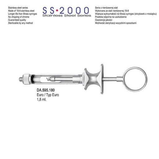 [DA.595.180] SS-2000 Syringe manual aspirating Euro 1.8ml. Metric 