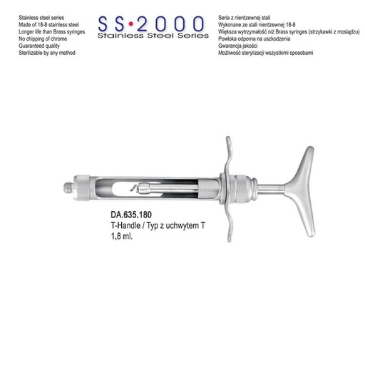 [DA.635.180] SS-2000 Syringe manual aspirating T-handle 1.8ml. Metric 