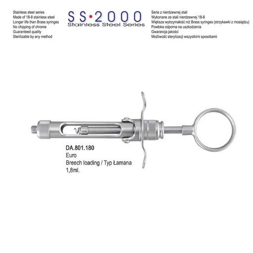 [DA.801.180] SS-2000 Syringe manual aspirating breech loading with ring handle 1.8ml. Metric  