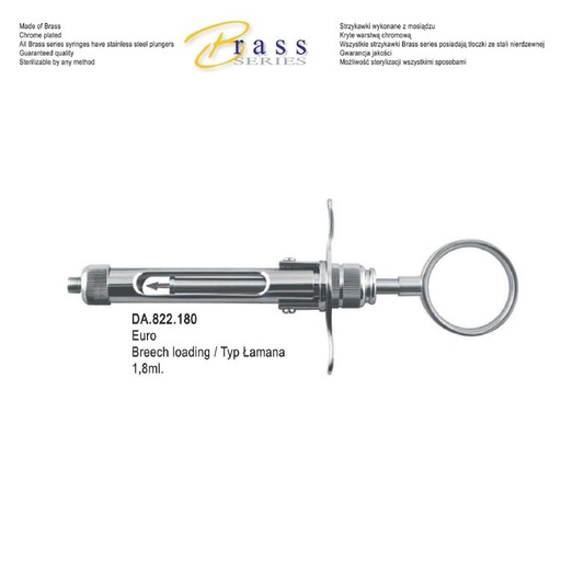 [DA.822.180] Brass Series Syringe manual aspirating breech loading (Arrow plunger) with ring handle 1.8ml. Metric  