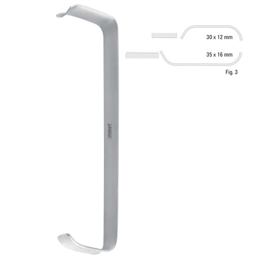 [FC.527.030B|46-155-03|F62-919-03B|R62-919-03B] Retractor soft tissue Tessier serrated fig.3, 150mm black