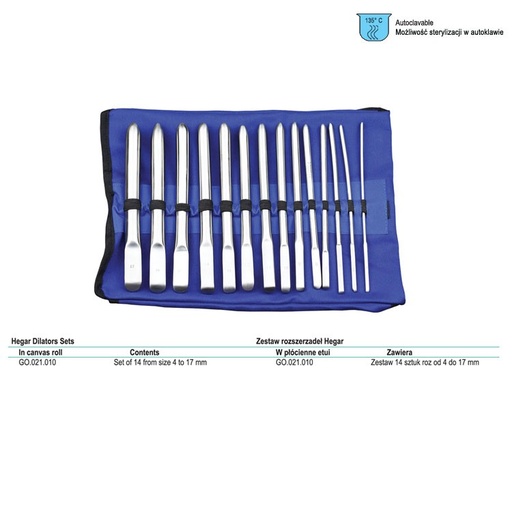 [GO.021.010] Dilator uterine SE Hegar set of 14 (4-17mm) in canvas roll