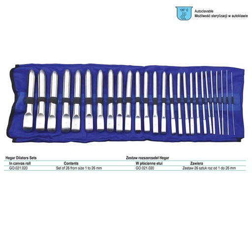 [GO.021.020] Dilator uterine SE Hegar set of 26 (1-26mm) in canvas roll