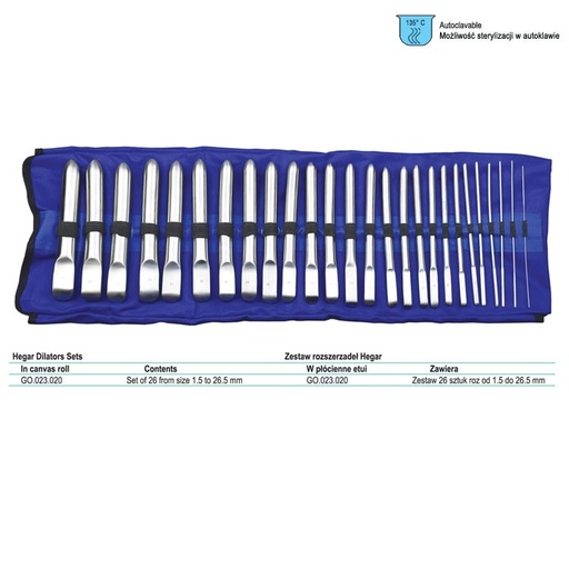 [GO.023.020] Dilator uterine SE Hegar set of 26 (1.5-26.5mm) in canvas roll