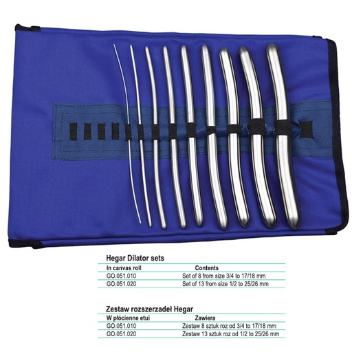 [GO.051.010] Dilator uterine DE Hegar set of 8 (3/4-17/18) in canvas roll