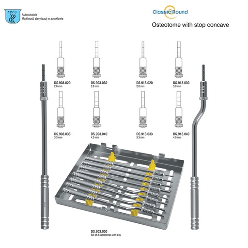 [DS.903.000] Classic-Round Osteotome with stop concave set of 8