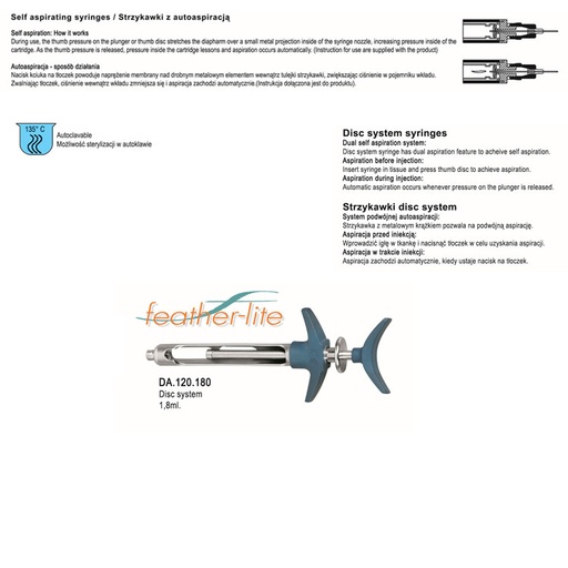 [DA.120.180] Feather-Lite Syringe self aspirating Disc-System 1.8ml. Metric