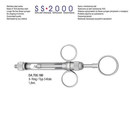 [DA.705.180] SS-2000 Syringe manual aspirating 3-ring 1.8ml. Metric 
