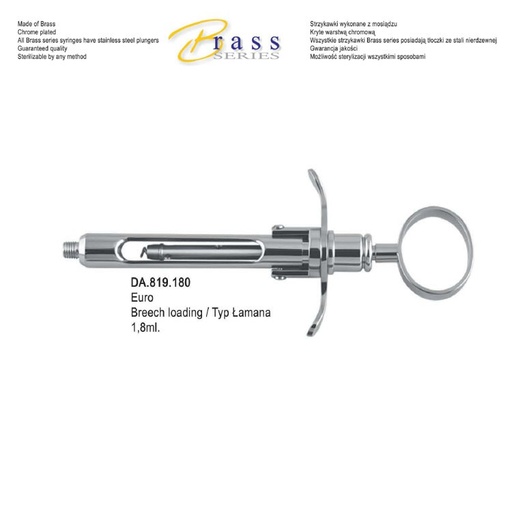 [DA.819.180] Brass Series Syringe manual aspirating breech loading with ring handle 1.8ml. Metric  