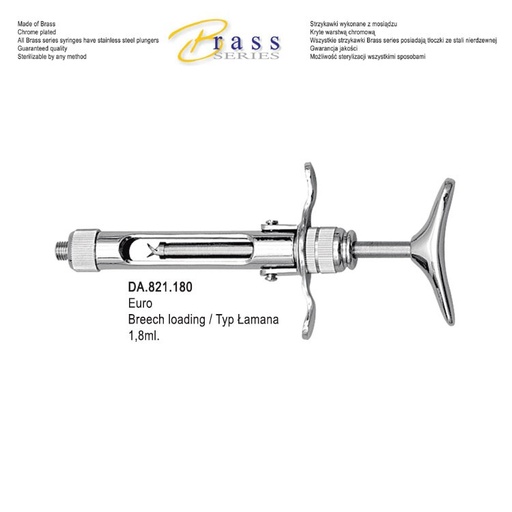 [DA.821.180] Brass Series Syringe manual aspirating breech loading with T-handle 1.8ml. Metric  